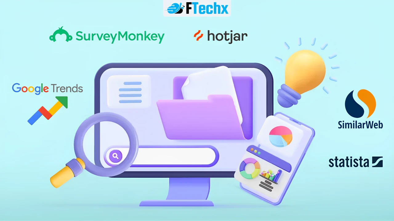 Giao diện các công cụ như Google Trends, Hotjar, SurveyMonkey dùng trong nghiên cứu thị trường