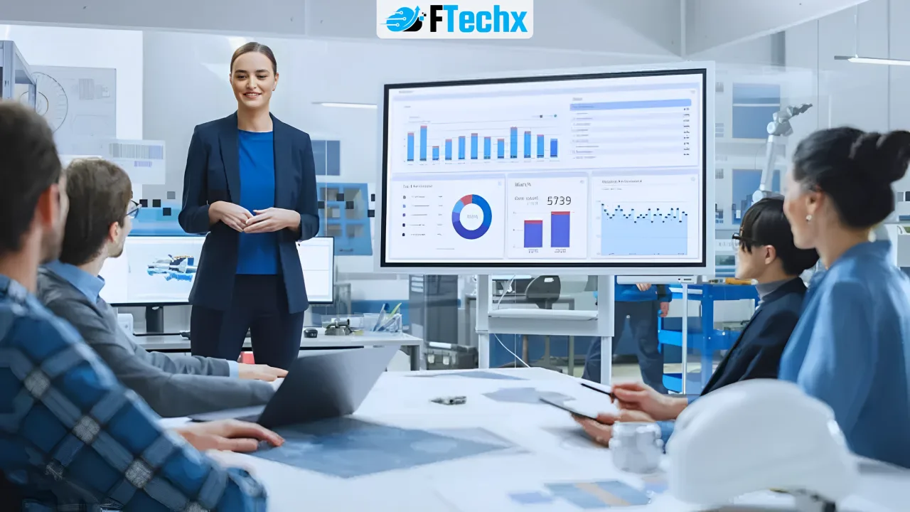 CEO và nhóm làm việc đang phân tích báo cáo dữ liệu trên dashboard